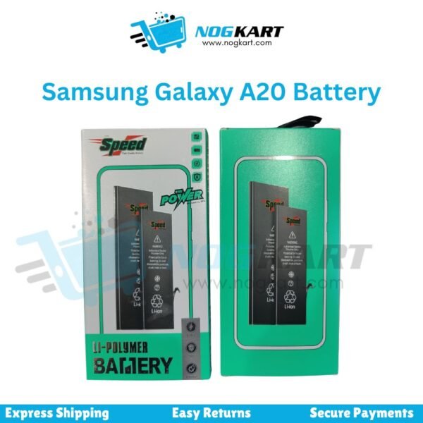 Image of a Samsung Galaxy A20 battery by Speed Power, displayed in green and white packaging.