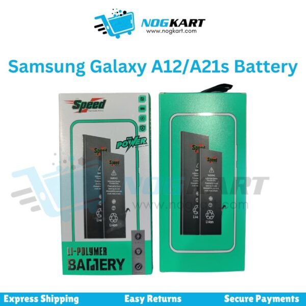 Image of a Samsung Galaxy A12/A21s battery by Speed Power, displayed in green and white packaging.