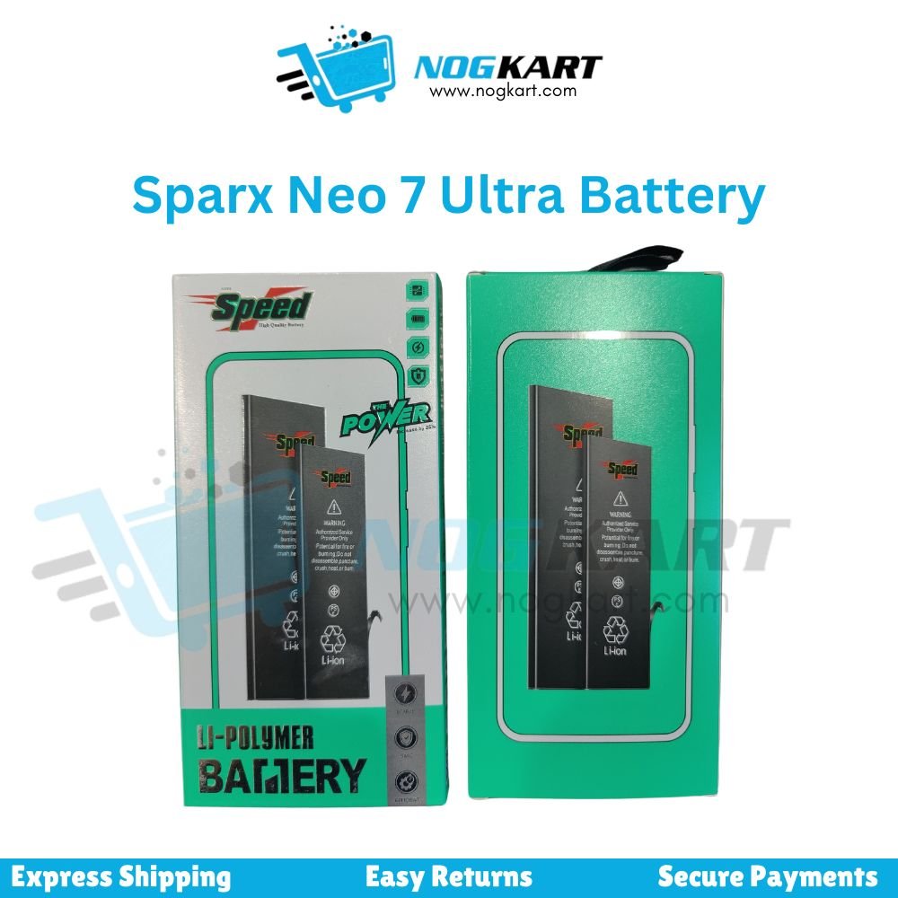 Image of a Samsung Sparx Neo 7 Ultra battery by Speed Power, displayed in green and white packaging.